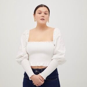 Hill House Home The Grace Nap Top White Smocked Square Neck Puff Sleeve S NWT